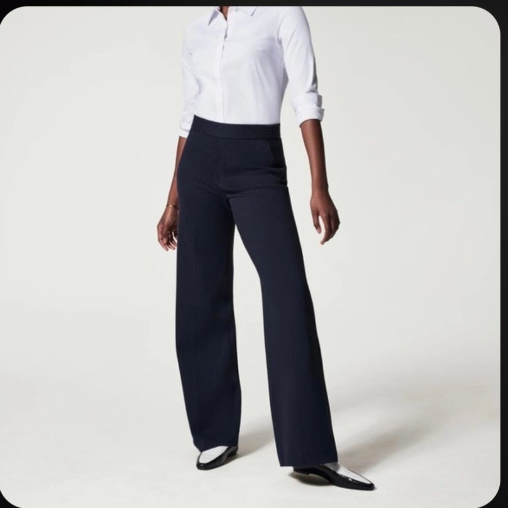 Spanx Perfect Pant Wide Leg Navy Pinstripe Ponte Trouser